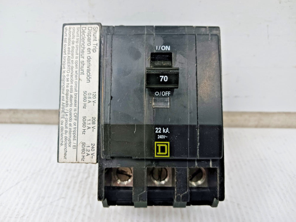 Square D 70 Amp Bolt-On Circuit Breaker 3P 240 VAC 22kA QOB370VH1021 W/ Shunt