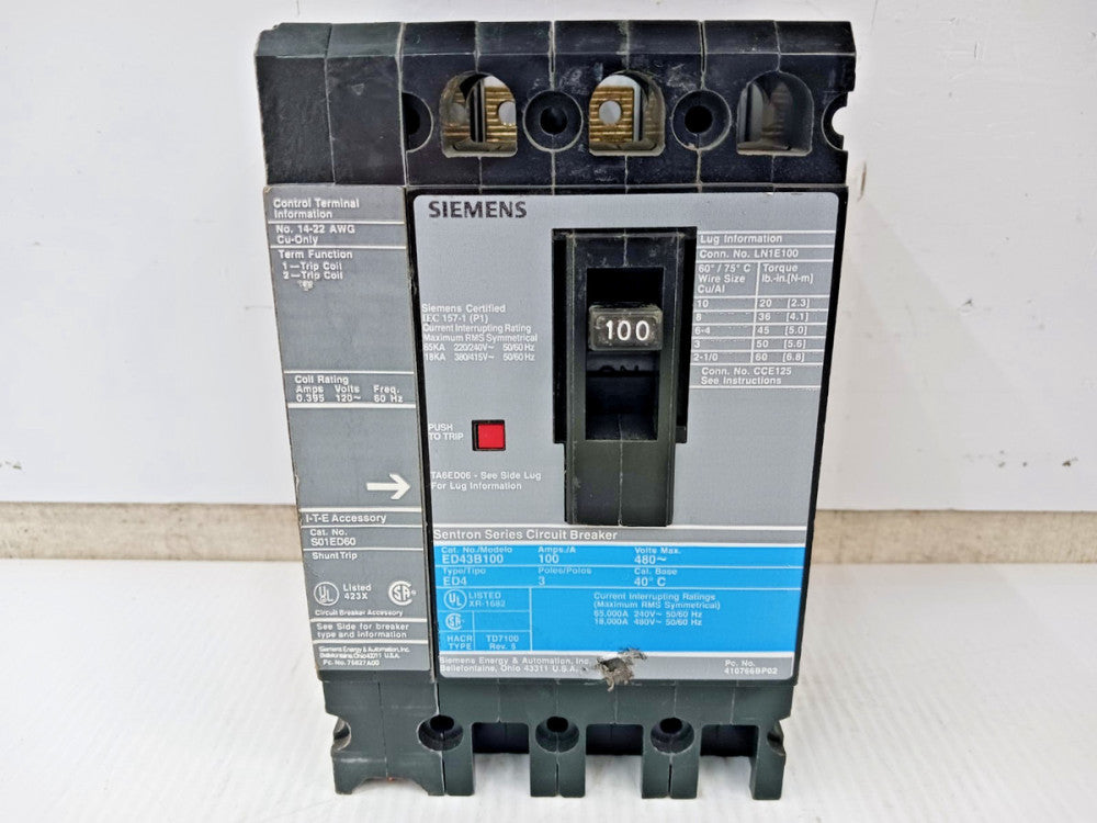 Siemens Sentron 100 Amp Circuit Breaker 3P 480 VAC 18kA ED43B100 W/ Shunt Trip