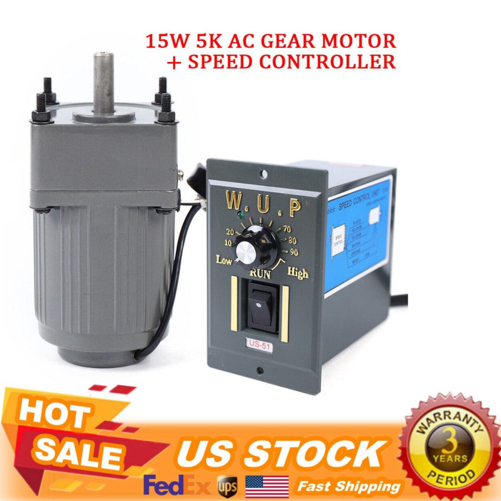 110V 15W AC Gear Motor Electric Motor Variable Speed Controller 1:5 270RPM New