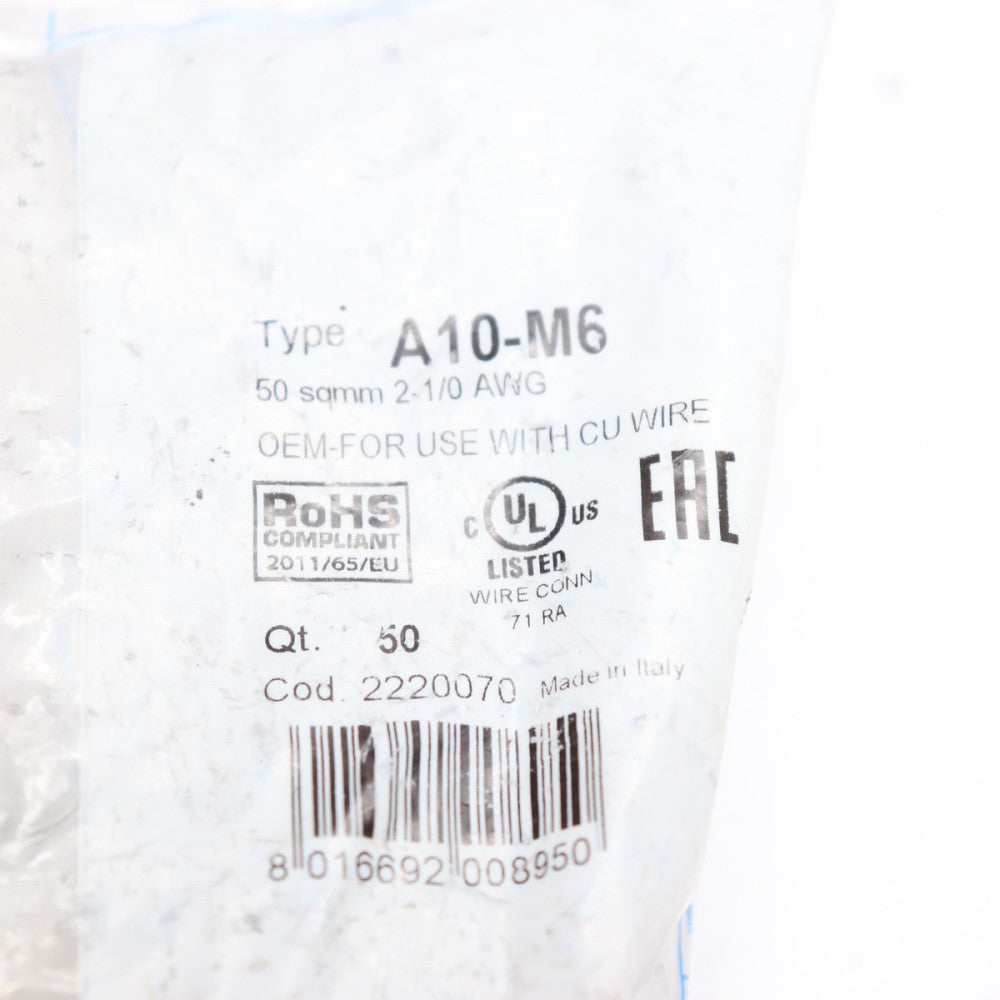 (50-Pk) Cembre Non-Insulated Crimping Lug 2-1/0 AWG 1/4" Stud Size A10-M6