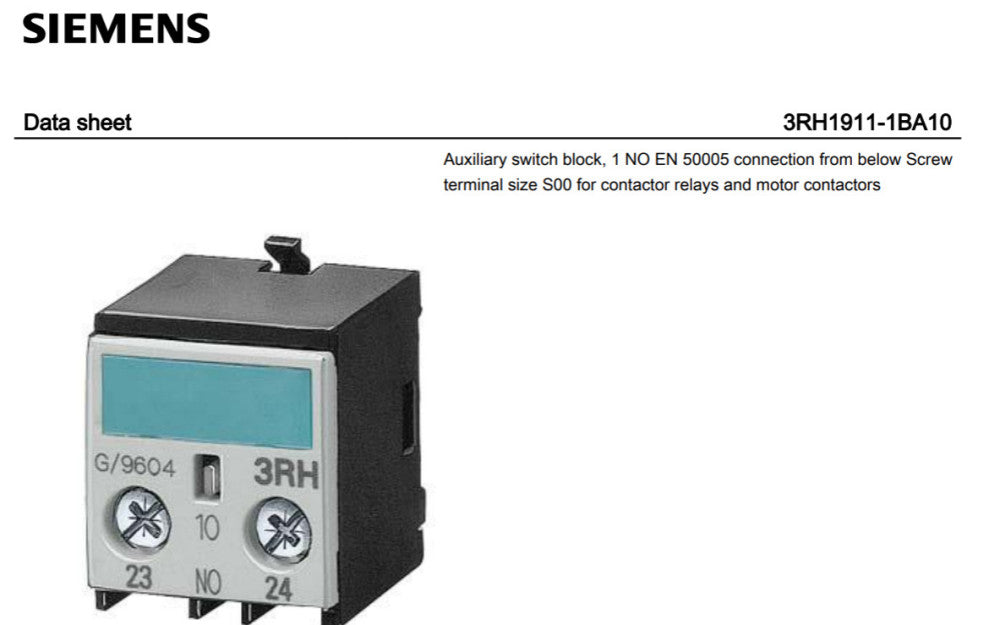 Siemens Auxiliary Contactor Switching Block  S00 Size  Connection 1 Pole [B3B2]