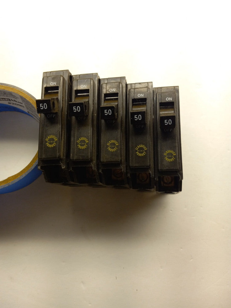 5 EATON CUTLER AND HAMMER CLASSIFIED 50 AMP 1 POLE CIRCUIT BREAKER CHQ150