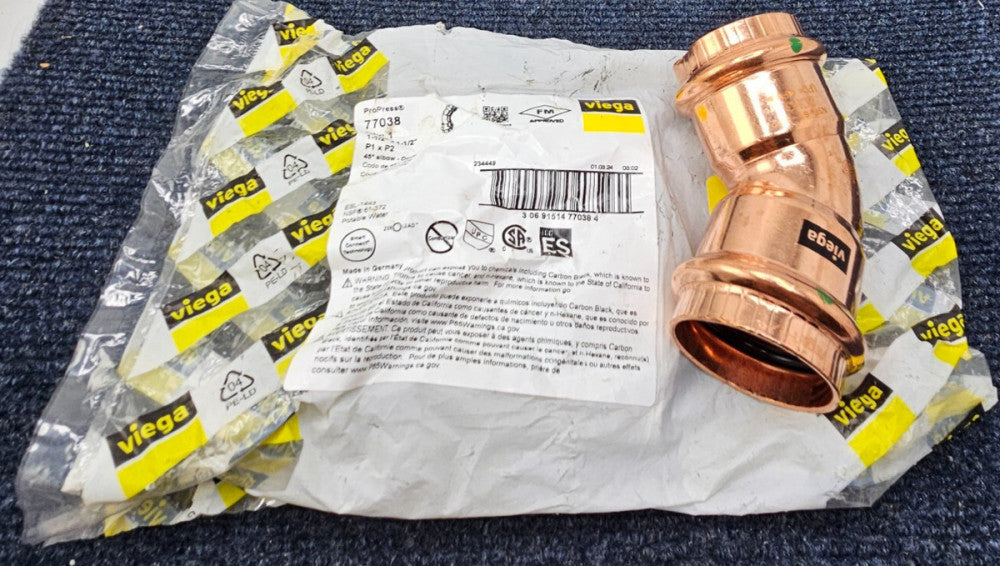 (QTY 2) VIEGA PROPRESS 77038 ProPress 45 elbow, 1-1/2" x 1-1/2", Copper