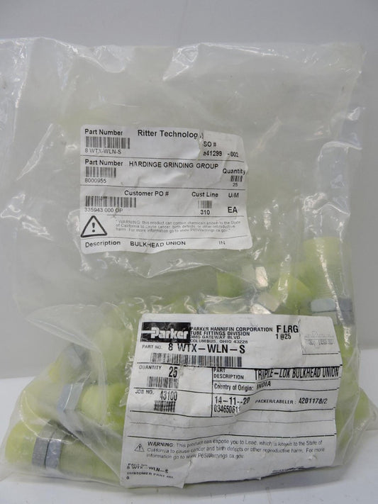 (25 Pack) Parker 8 WTX-WLN-S Triple-Lok Bulkhead Union GENUINE OEM - NEW!