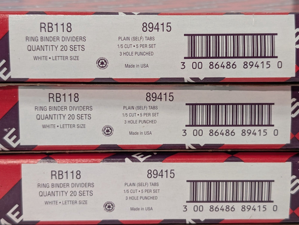 60 pieces SMEAD RB118 89415 3 Hole Ring Binder Dividers, New Open Box, as shown