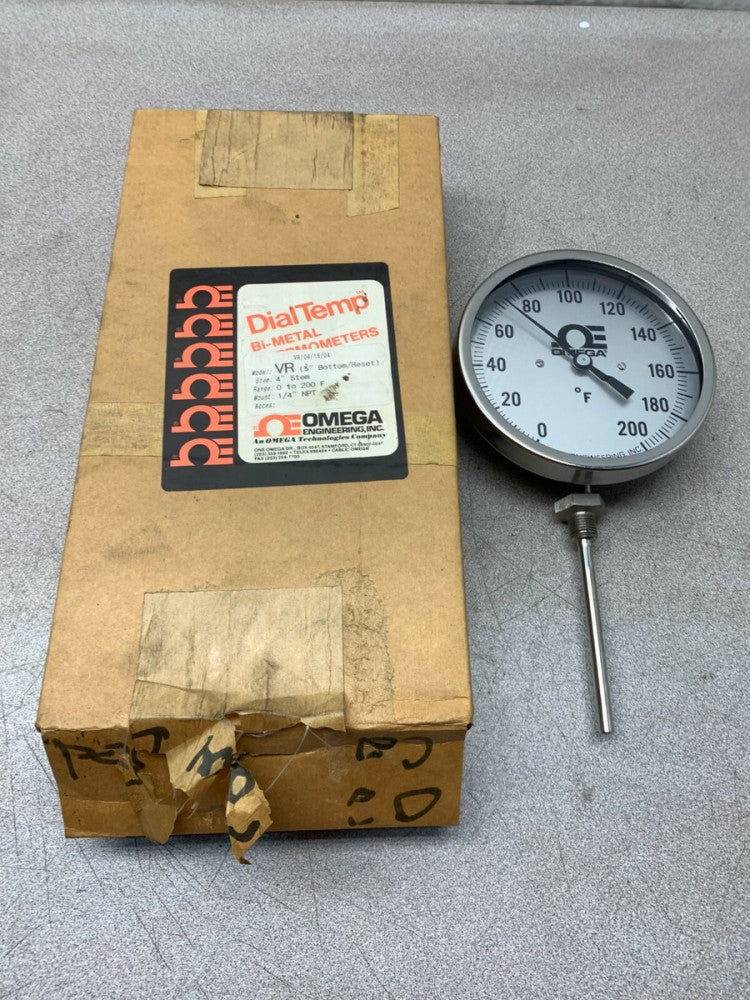 NEW OMEGA DIALTEMP BI-METAL 0-200F. THERMOMETER 4" STEM 1/4" NPT VR-0-200F-4-1/4
