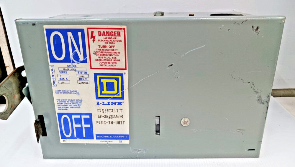 SQUARE D 100 AMP BUS PLUG 3P4W 480Y/277 VAC PFA34100GN W/ FAP36100 BREAKER