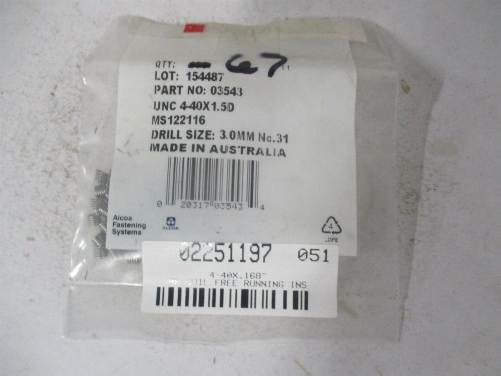 Recoil (A1084-3CN030) M3x0.50 Metric 3mm Free Running Helical Insert - Qty 67
