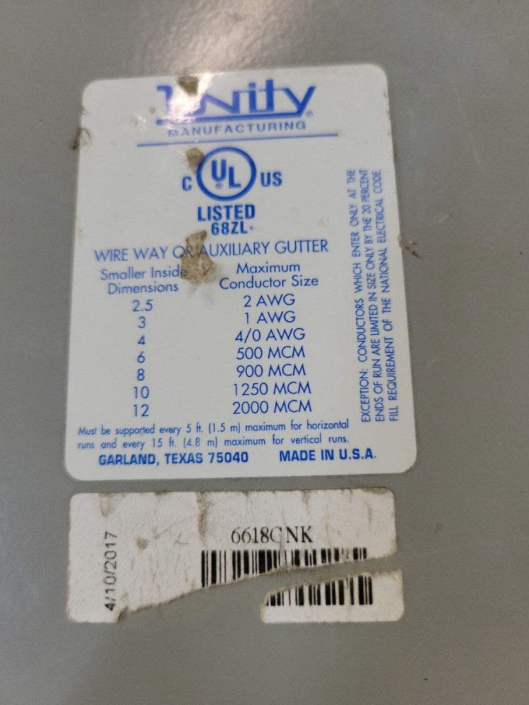 1) New Old Stock! Unity Combo Wireway 6618GNK Nema 1 Carbon Steel