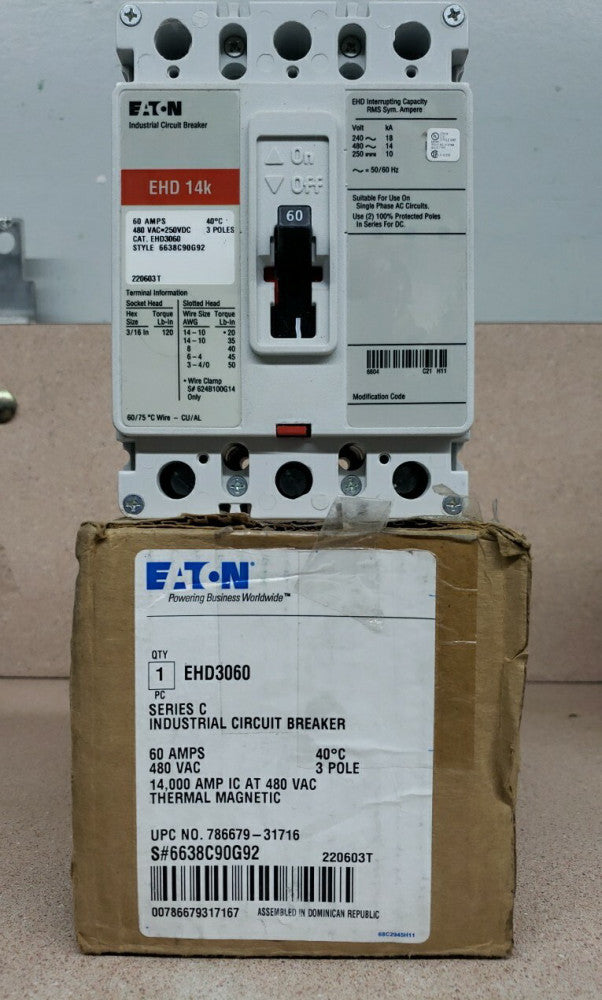 New Old Stock! Cutler Hammer EHD3060 3 Pole 60 Amp 480V Circuit Breaker