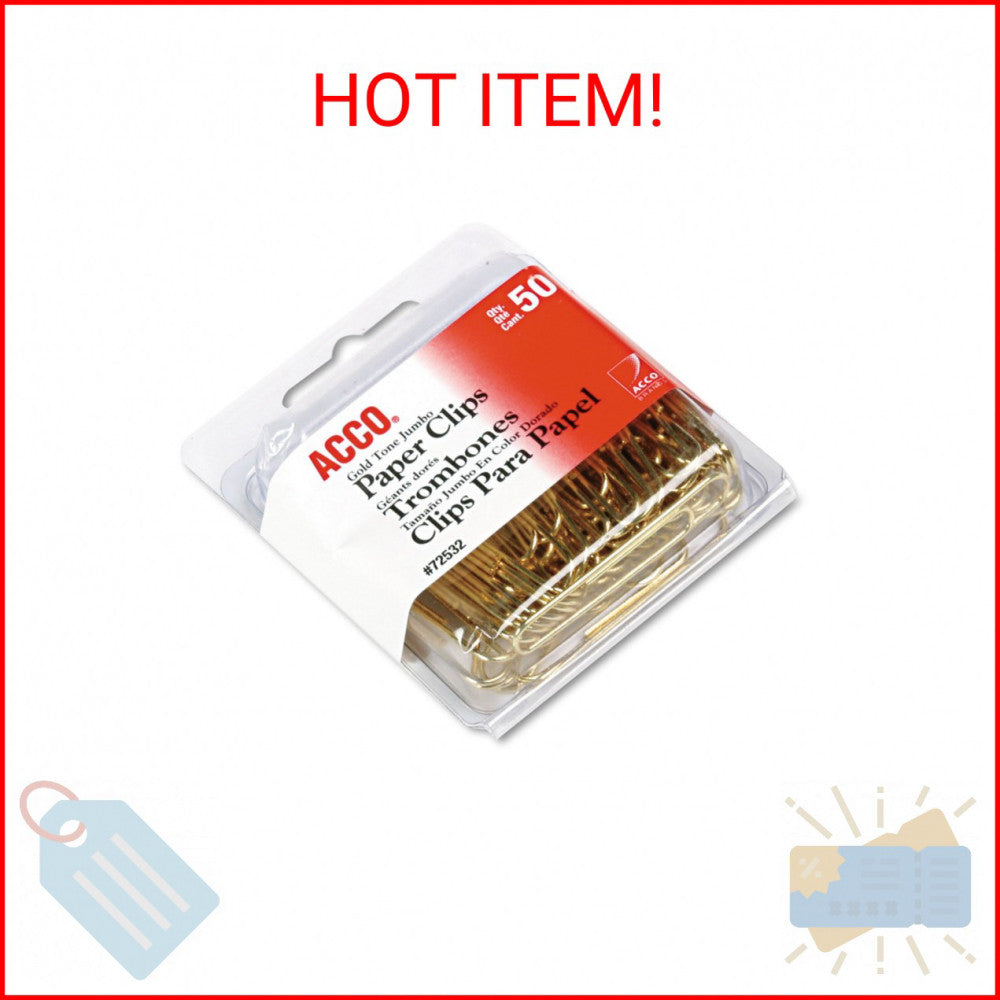 ACCO Paper Clips, Jumbo, Smooth, Gold, 50 Clips/Box (72532)