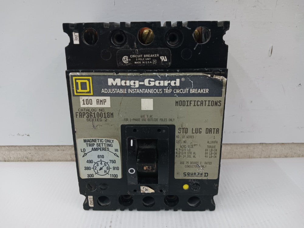 Square D Mag-Gard 100 Amp Circuit Breaker 3 Pole 600 VAC FAP3610018M (Chipped)