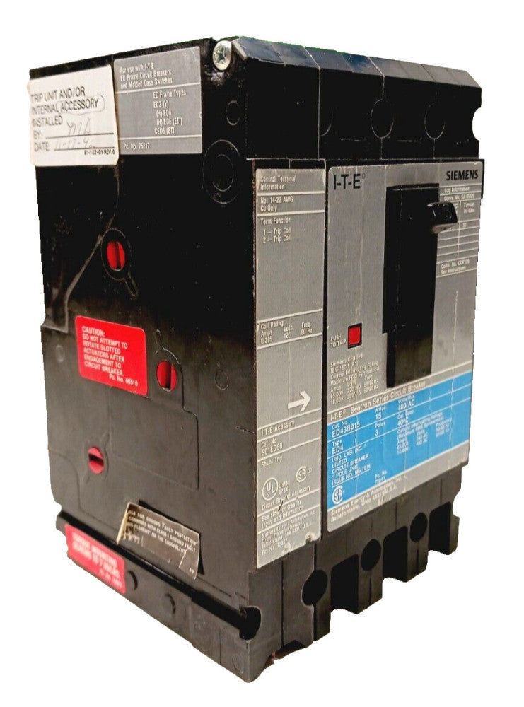 SIEMENS 15 AMP CIRCUIT BREAKER W/ S01ED60 SHUNT TRIP 3 POLE 480 VAC  ED43B015