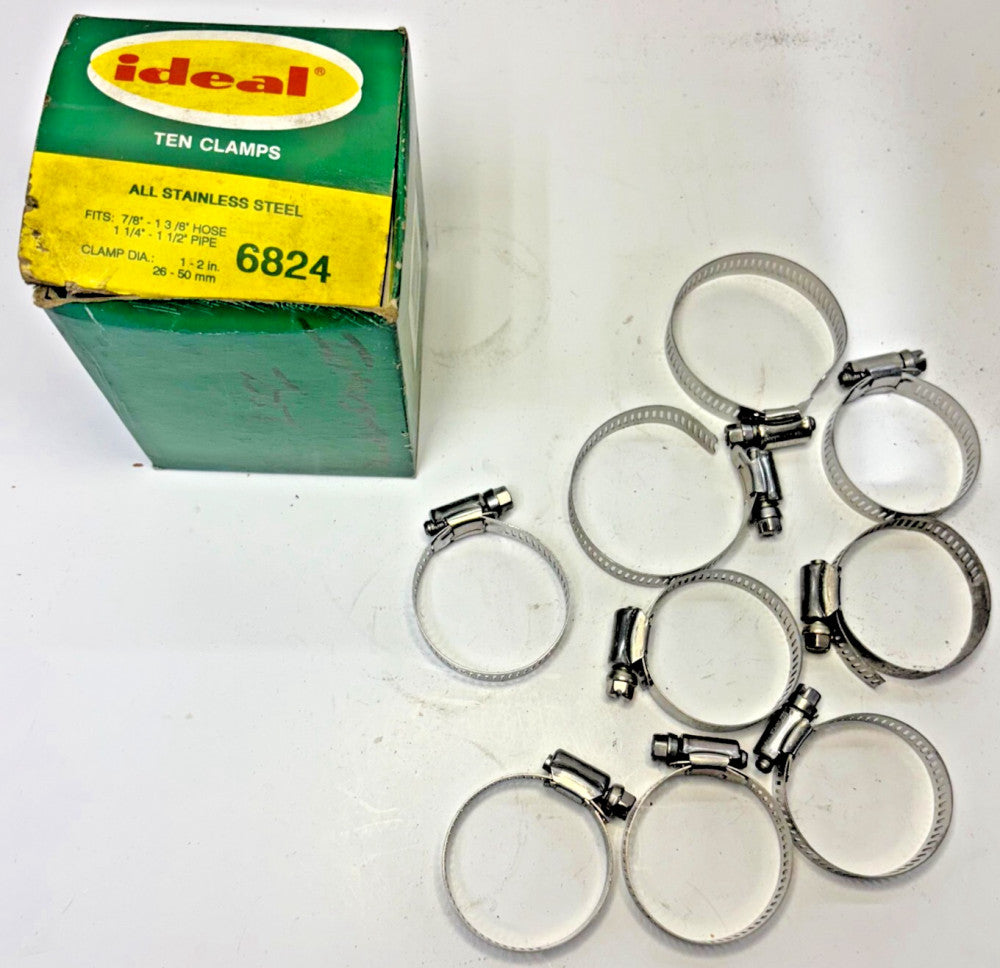 IDEAL TEN CLAMPS ALL STAINLESS STEEL 6824 PIPE SIZE 1-1/4"-1-1/2" DIA. 1"-2"
