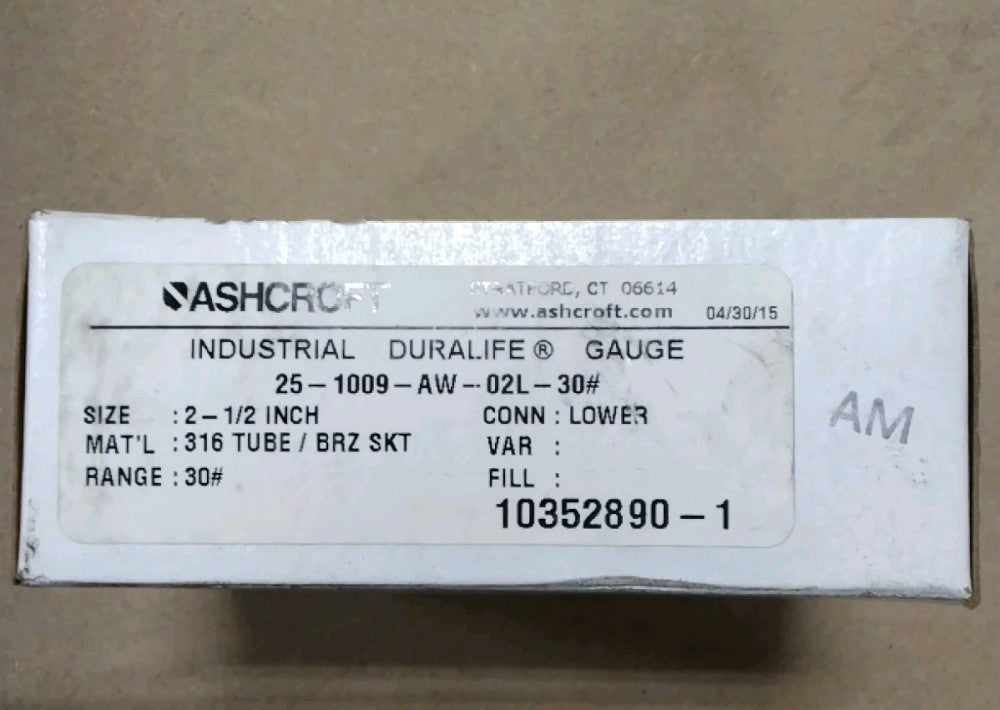 ASHCROFT DURALIFE GAUGE 25-1009-AW-02L-30# D10