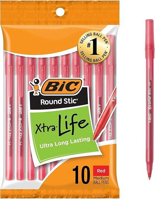BIC round Stic Xtra Life Ballpoint Pen, Medium Point Red, 10-Count