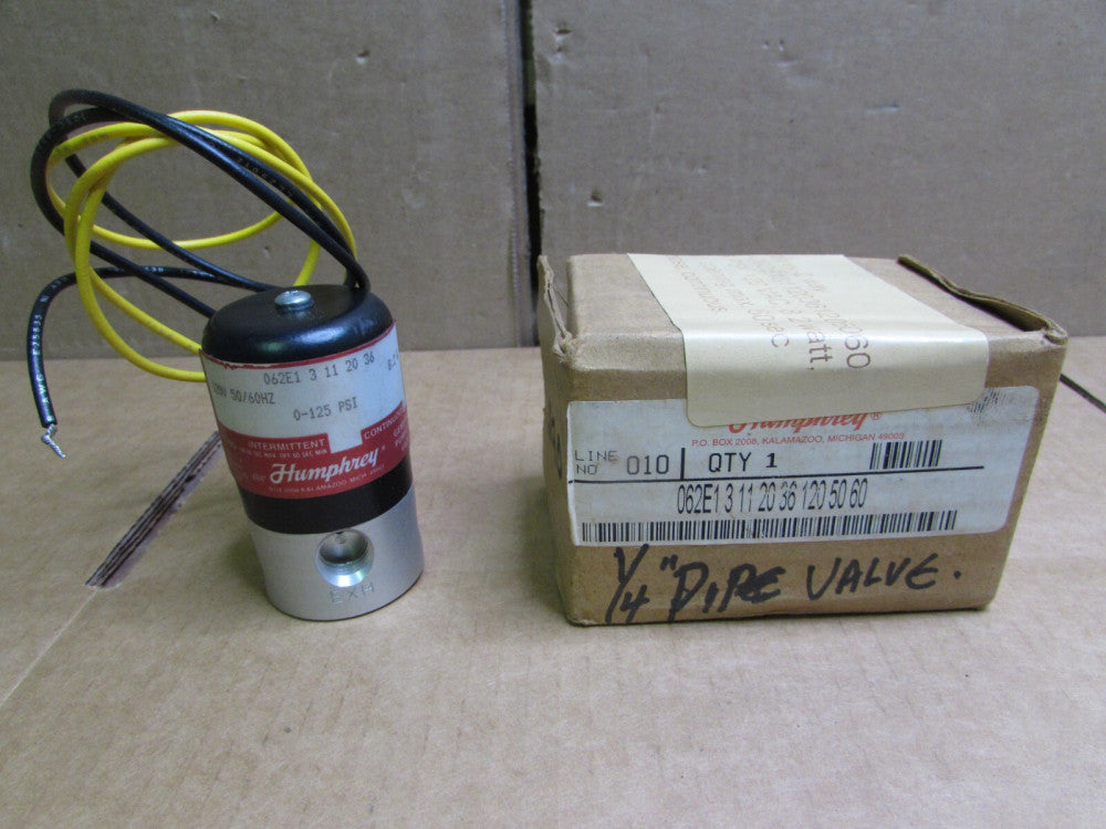 HUMPHREY, 062E1-3-11-20-36, 2-WAY SOLENOID VALVE 120V COIL, NIB! MAKE OFFER!