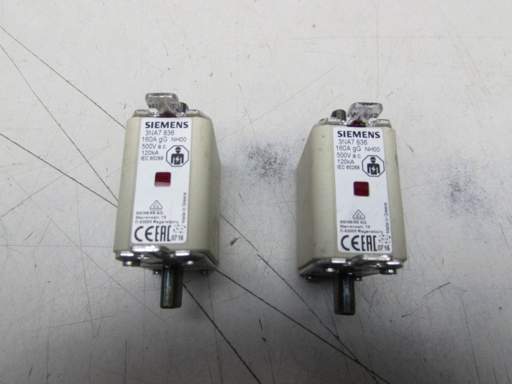 LOT OF 2QTY SIEMENS FUSE 3NA7836 160A 5000VAC NH00 120kA NEW SURPLUS NO BOX !