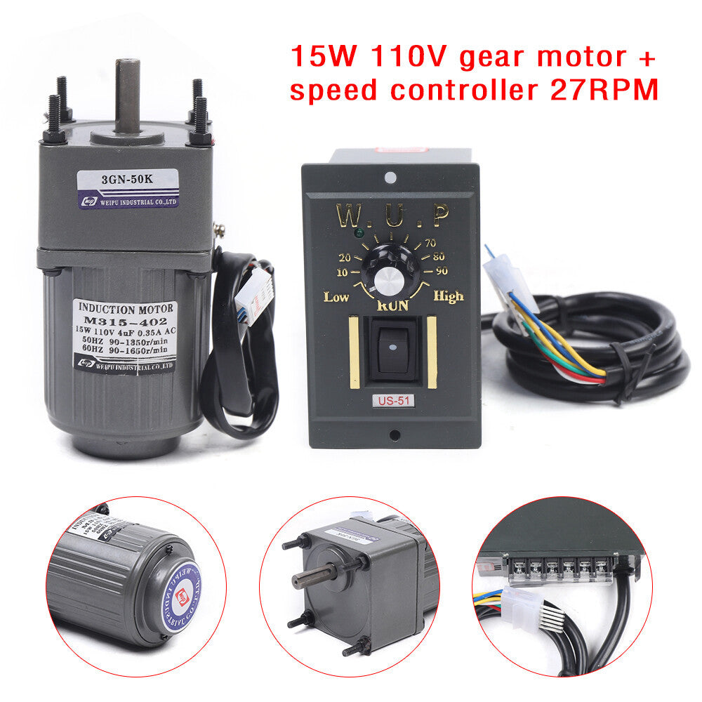 15W 110V Reversible AC Gear Motor Electric Variable Speed Controller 50K 27RPM