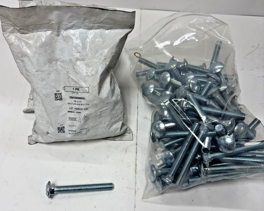 CARRIAGE BOLTS FULL THREADED 3/8"-16X3" ZINC LOT OF 125
