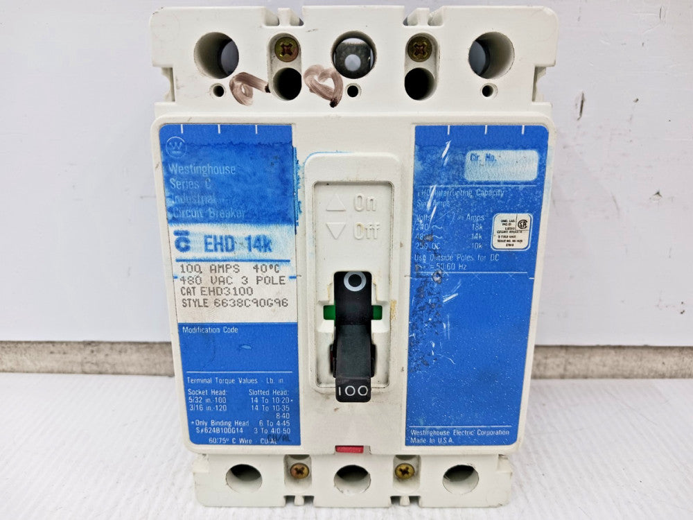 Westinghouse 100 Amp Circuit Breaker 3 Pole 480 VAC / 250 VDC EHD3100 *Flaw*