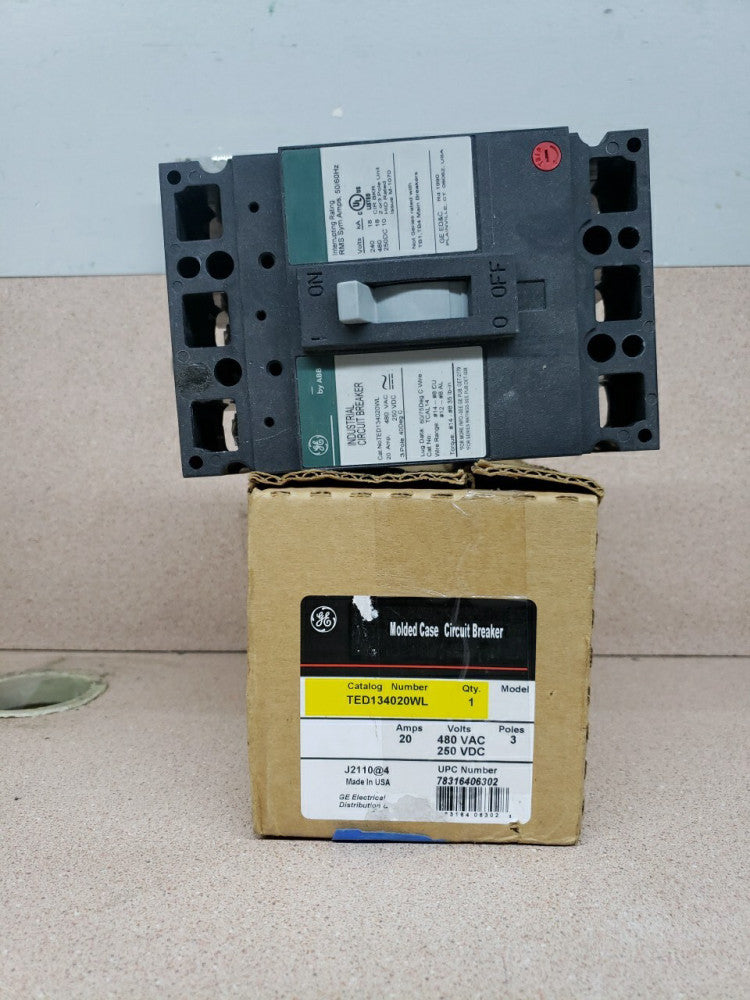 1) New! GE TED134020WL, 20 Amp, 480 Volt, 3 Pole Green Circuit Breaker 