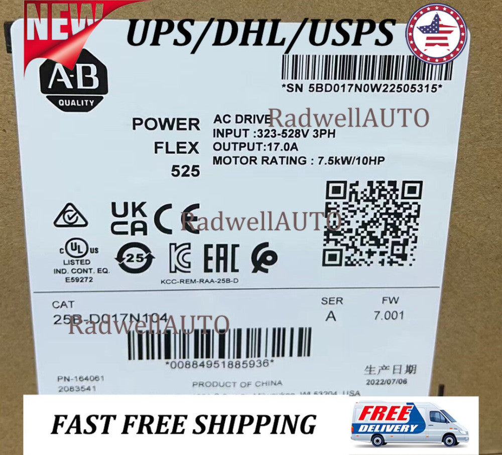 2022 NEW Sealed Allen-Bradley 25B-D017N104 PowerFlex 525 AC Drive 7.5kw/10HP 17A