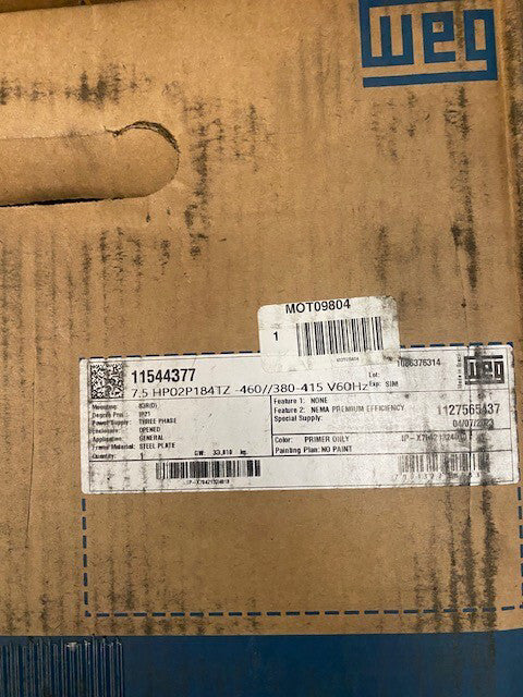184T Motor, 7.5 HP, 460V, 3475 RPM, MOT09804 / 11544377 (NEW)