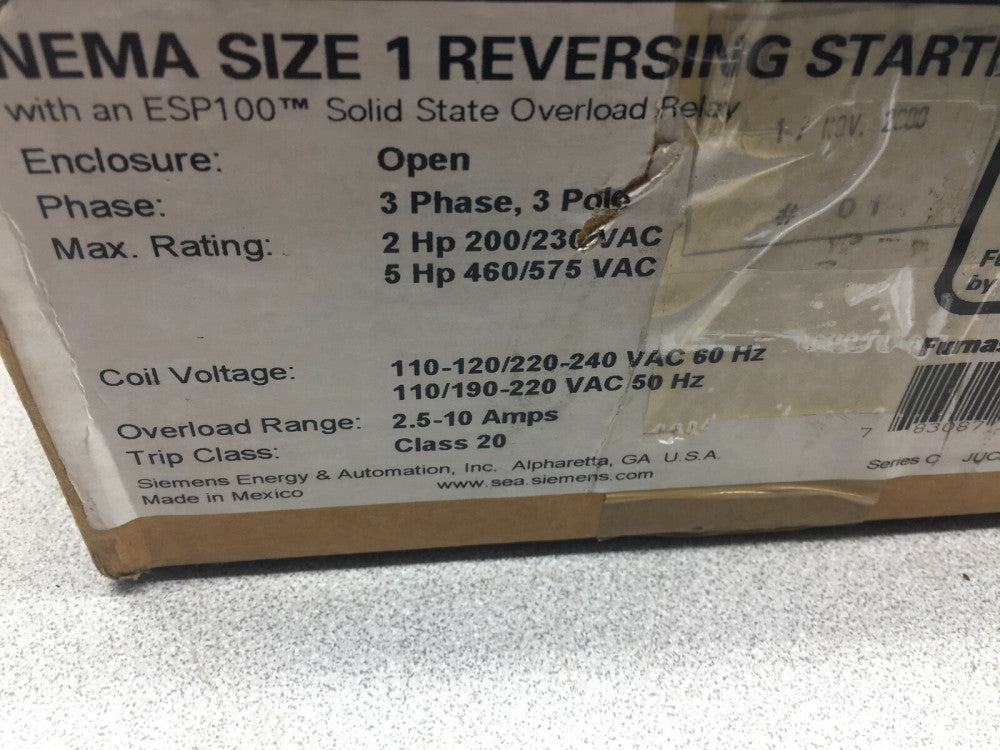NEW IN BOX SIEMENS SIZE 1 3 POLE 600 VAC 27 AMPS 10 HP 120/240 VAC COIL REVERSIN