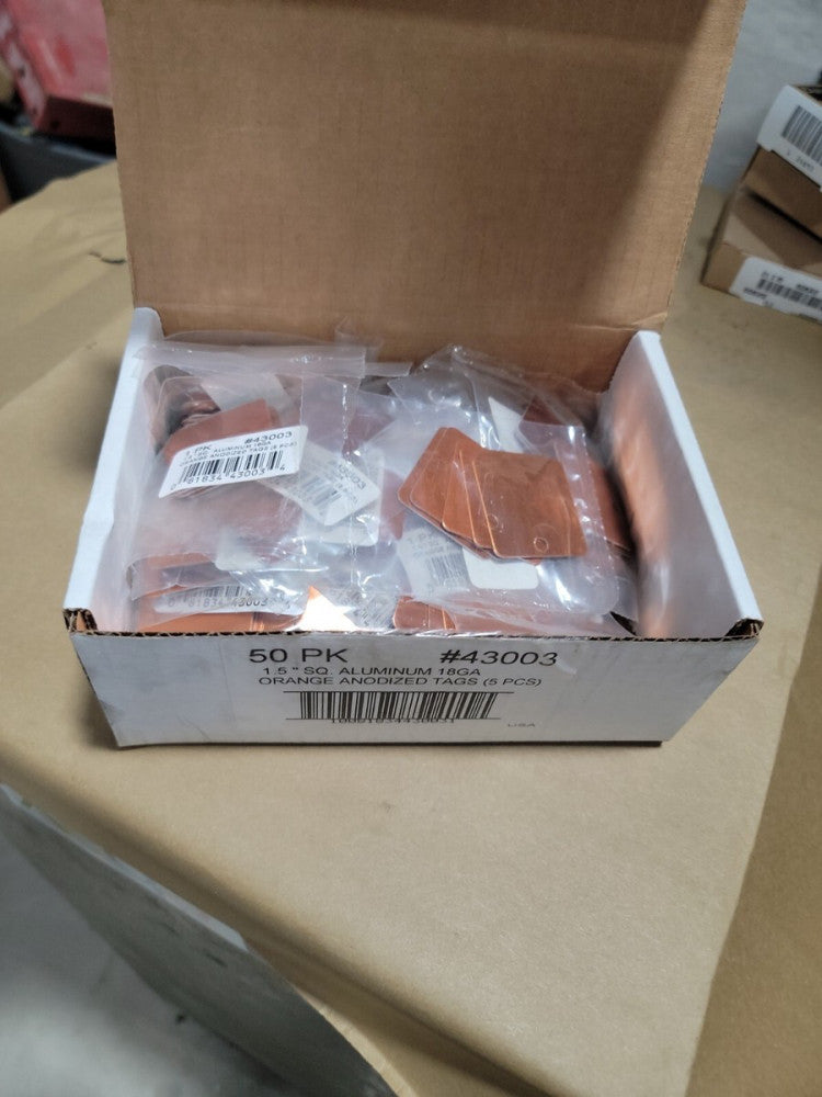 Zoro Select 43003 Tag,Anodized Al,Org,1-1/2"Hx1-1/2"W,  250 PIECE 50 PACKS OF 5