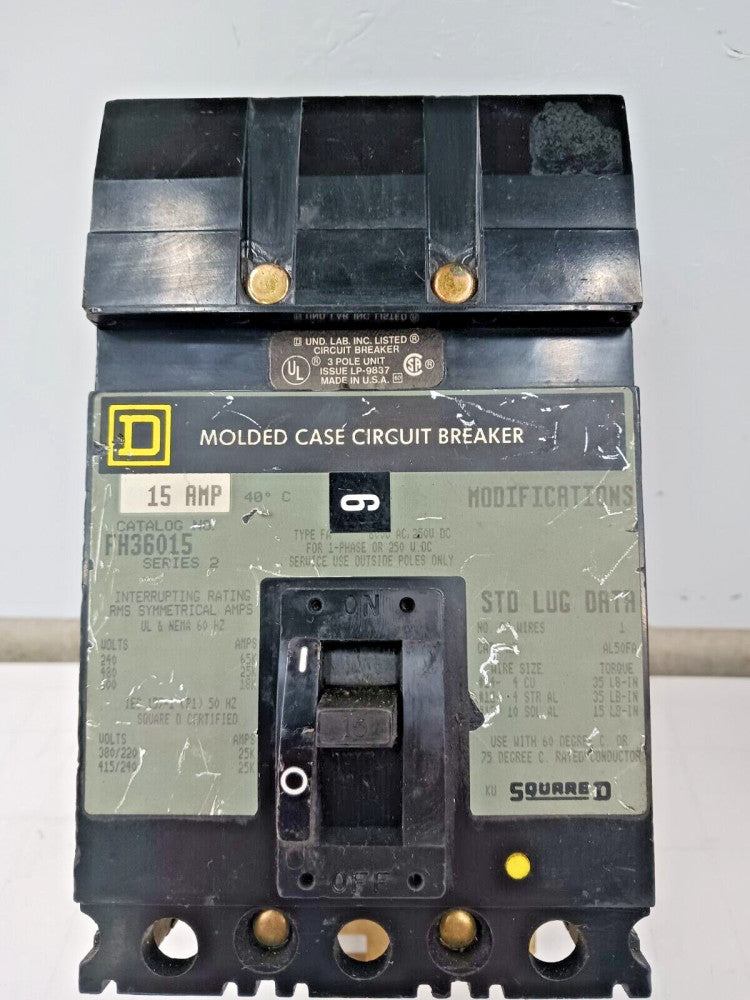 SQUARE D 15 AMP CIRCUIT BREAKER 3 POLE 600 VAC FH36015 #1
