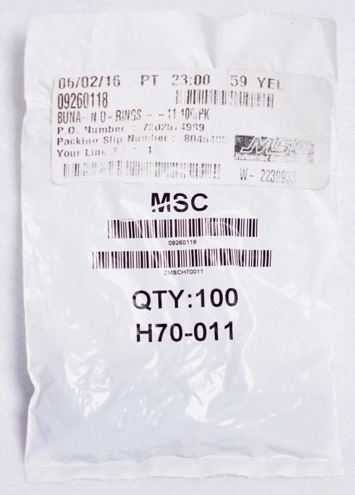 100 Count MSC H70-011 5/16" ID x 7/16" OD Dash 011 Buna-N O-Rings  09260118
