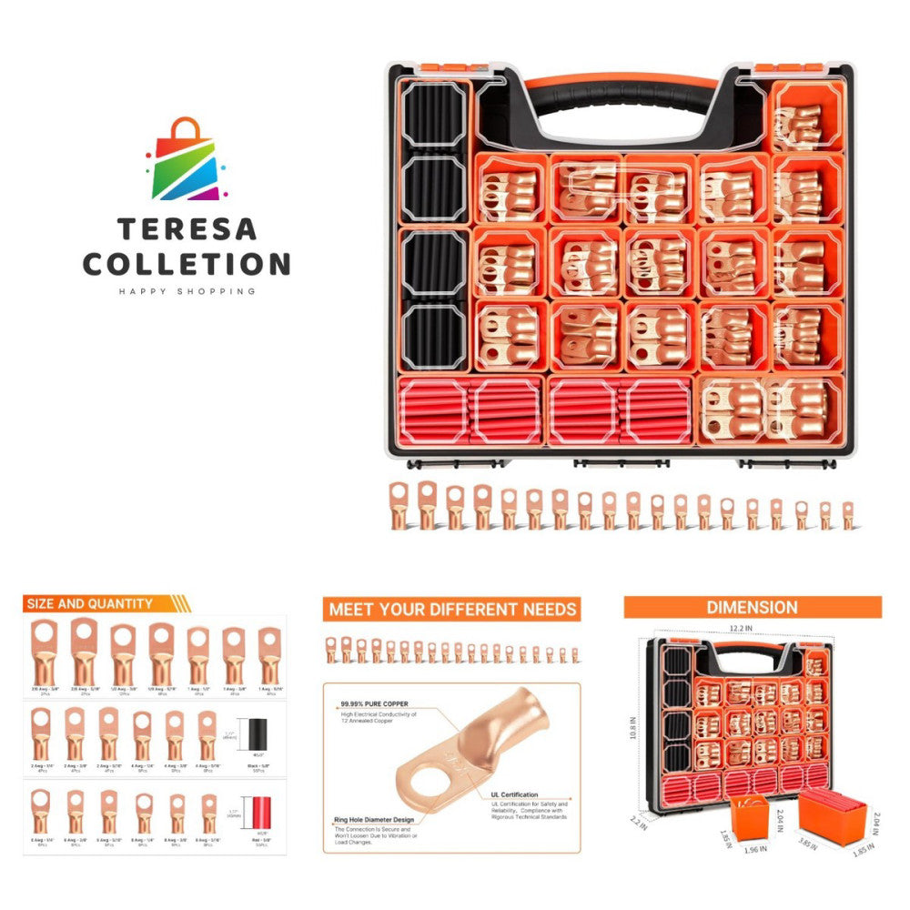 Complete 220PCS Battery Cable Terminal Connectors & 3:1 Heat Shrink Tubing Set