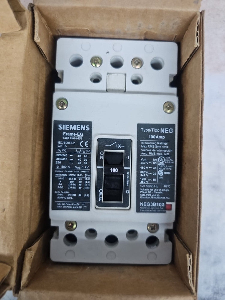 Siemens NEG3B100 Molded Case Circuit Breaker 3p 100a Amp 600v-ac NOS