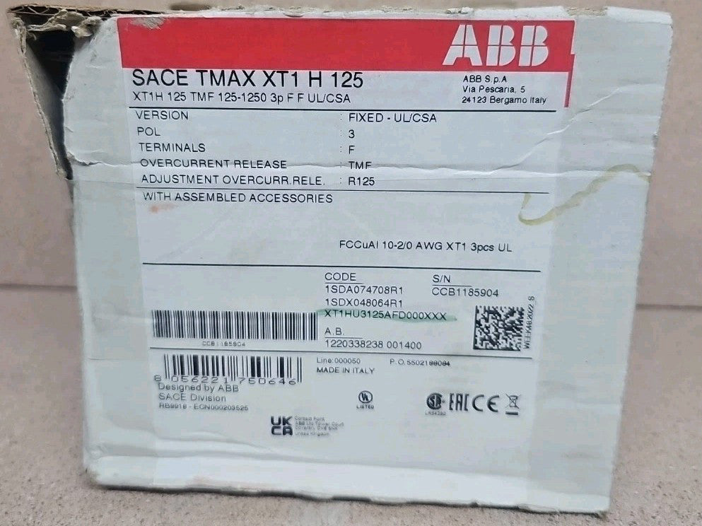 XT1HU3125AFD000XXX - ABB Bolt-On 600V 125A 3 pole breaker NOS