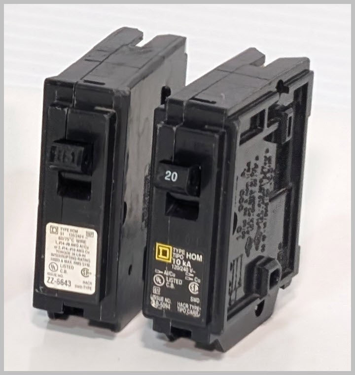 Lot of 2 Square D  HOM120 & HOM115 Homelite Circuit Breakers, 1 Pole, 120240vac