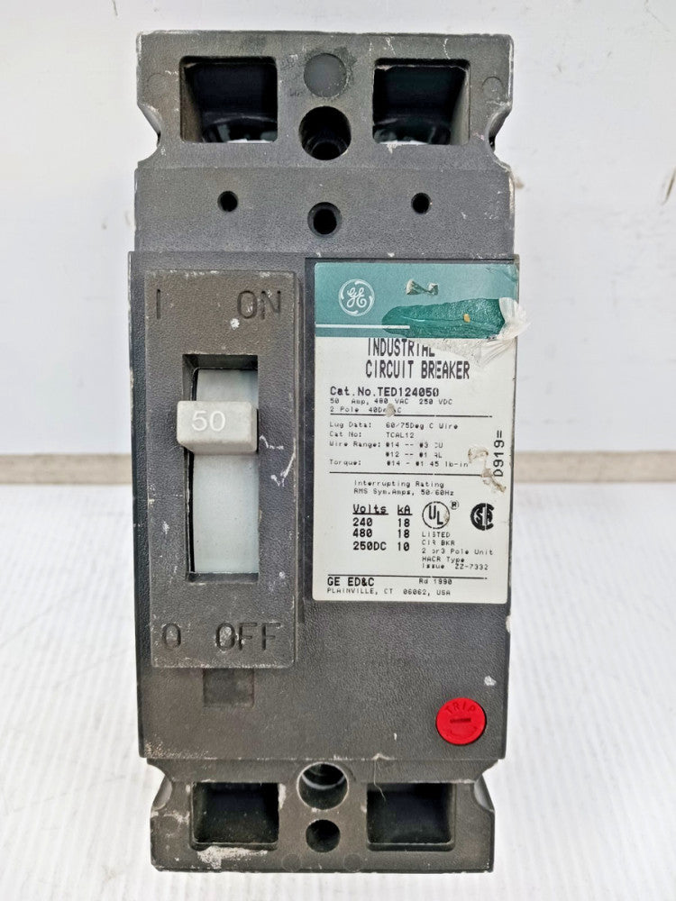 GE 50 Amp Industrial Circuit Breaker 2 Pole 480 VAC / 250 VDC TED124050 *Flaw*
