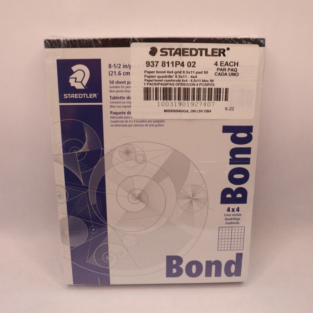 (4-Pk) Staedtler Bond Paper 50 Sheets White w/ Blue Grid 8-1/2" x 11" 937811P4