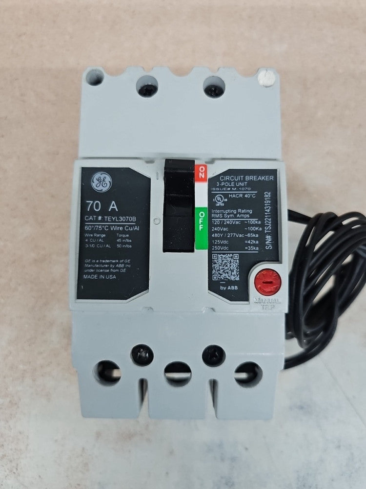 1) New Take Out GE TEYL3070B 70 Amp 480V 3 Pole w Shunt Trip Circuit Breaker
