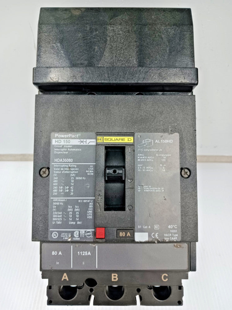 Square D PowerPact 150 Amp I-Line Circuit Breaker 3 Pole 600 VAC 18kA HDA36080