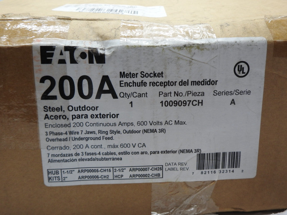 Eaton 1009097CH Meter Socket 200A 600V AC MAX 7 Term 3PH -4 Wire 7 Jaws Ring NOB