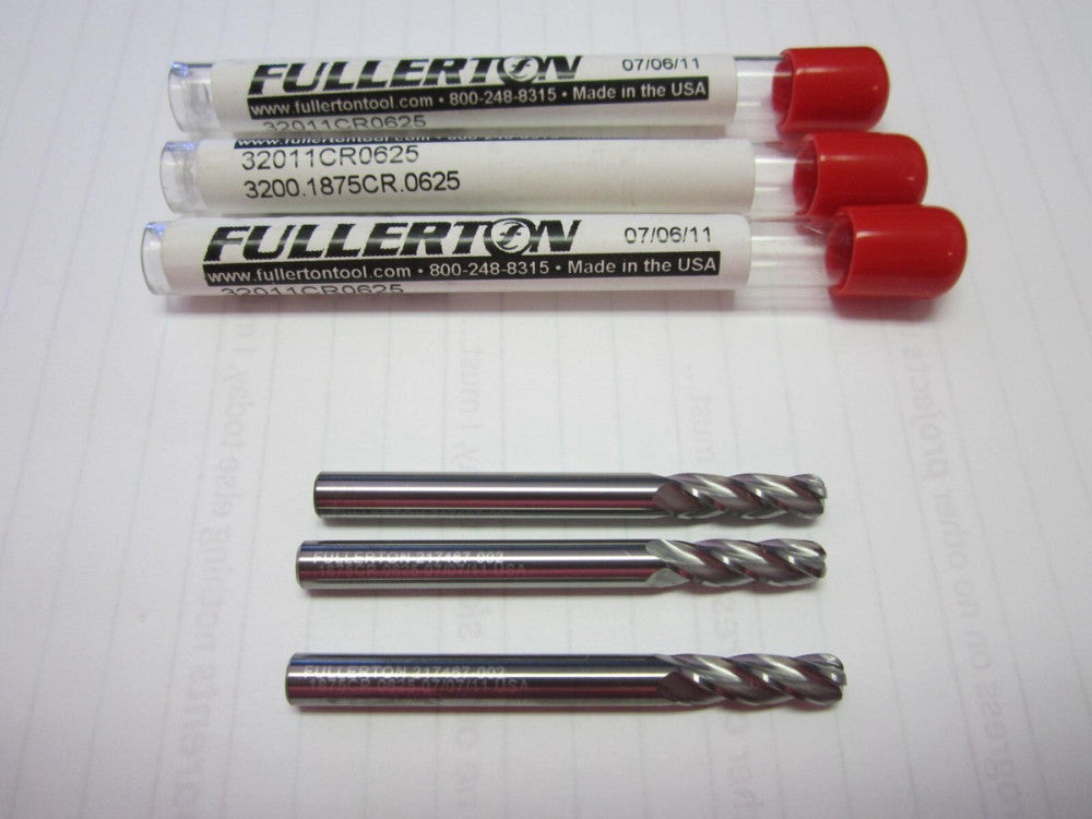 Fullerton (32011) 3/16 x 5/8 x 3/16" x 2" OAL 4Fl Spiral RH Endmills - Lot of 3 
