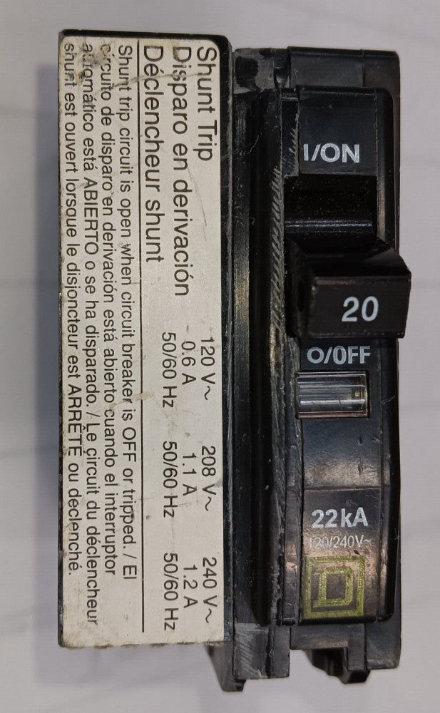 NEW SQUARE D 20 AMP BOLT-ON CIRCUIT BREAKER W/ SHUNT 1P 240V 22kA QOB120VH1021