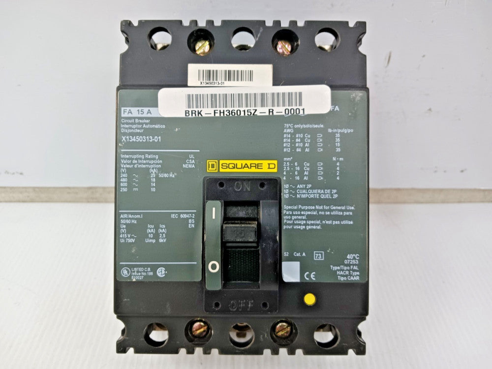 Square D 15 Amp Circuit Breaker 3 Pole 600 VAC / 250 VDC 18kA X13450313-01