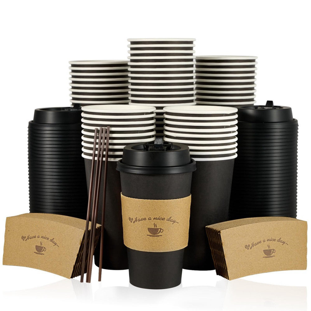 100 Pack 16 oz Paper Coffee Cups with Lids, Black Disposable Coffee Cups with...