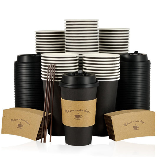100 Pack 16 oz Paper Coffee Cups with Lids, Black Disposable Coffee Cups with...