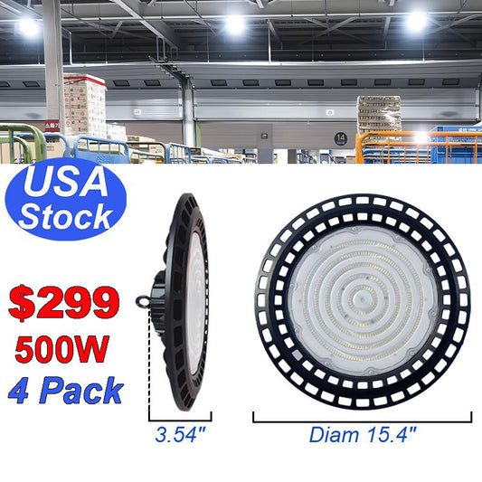 4 Pack LED High Bay Lights UFO 500W Warehouse Led Shop Light Fixture 6500K