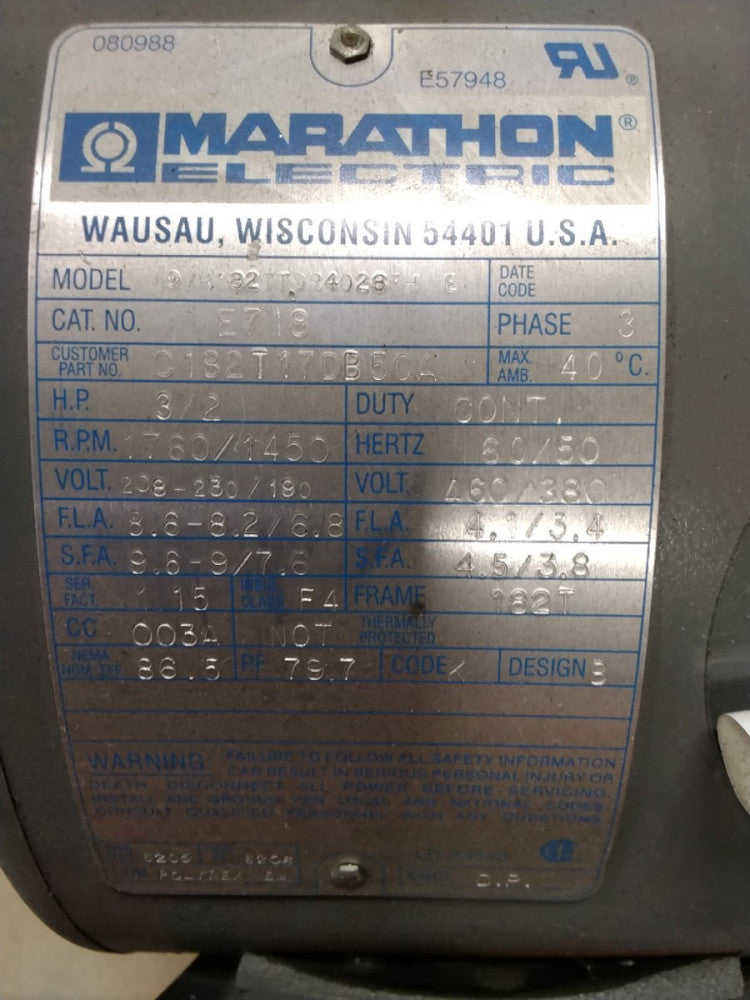 MARATHON ELECTRIC 9VH182TTDR4026FH-E MOTOR #3050CG