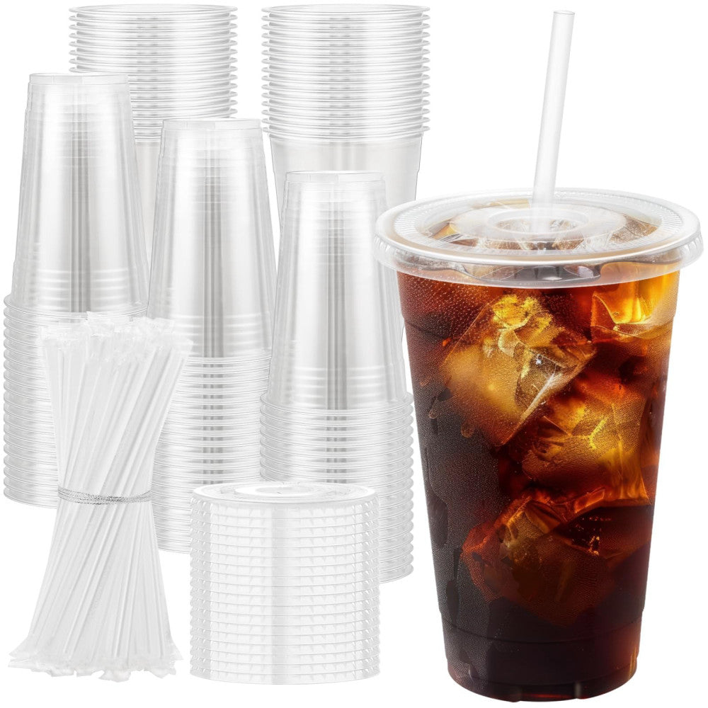 100 Pack 20 oz Plastic Cups with Lids and Straws, Sturdy Food Safe Iced Clear...