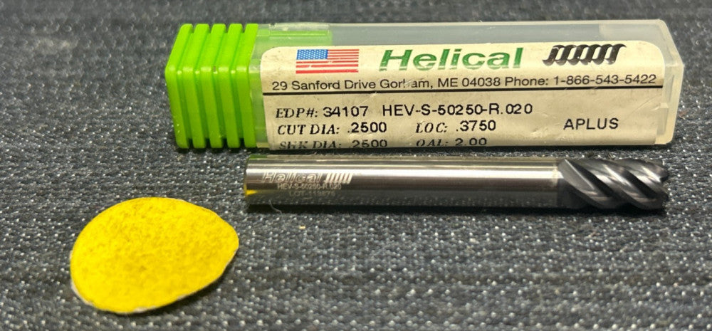 HELICAL 5 FLUTE END MILL HEV-S-50250-R-.020  CUT DIAMETER .2500 OAL 2"